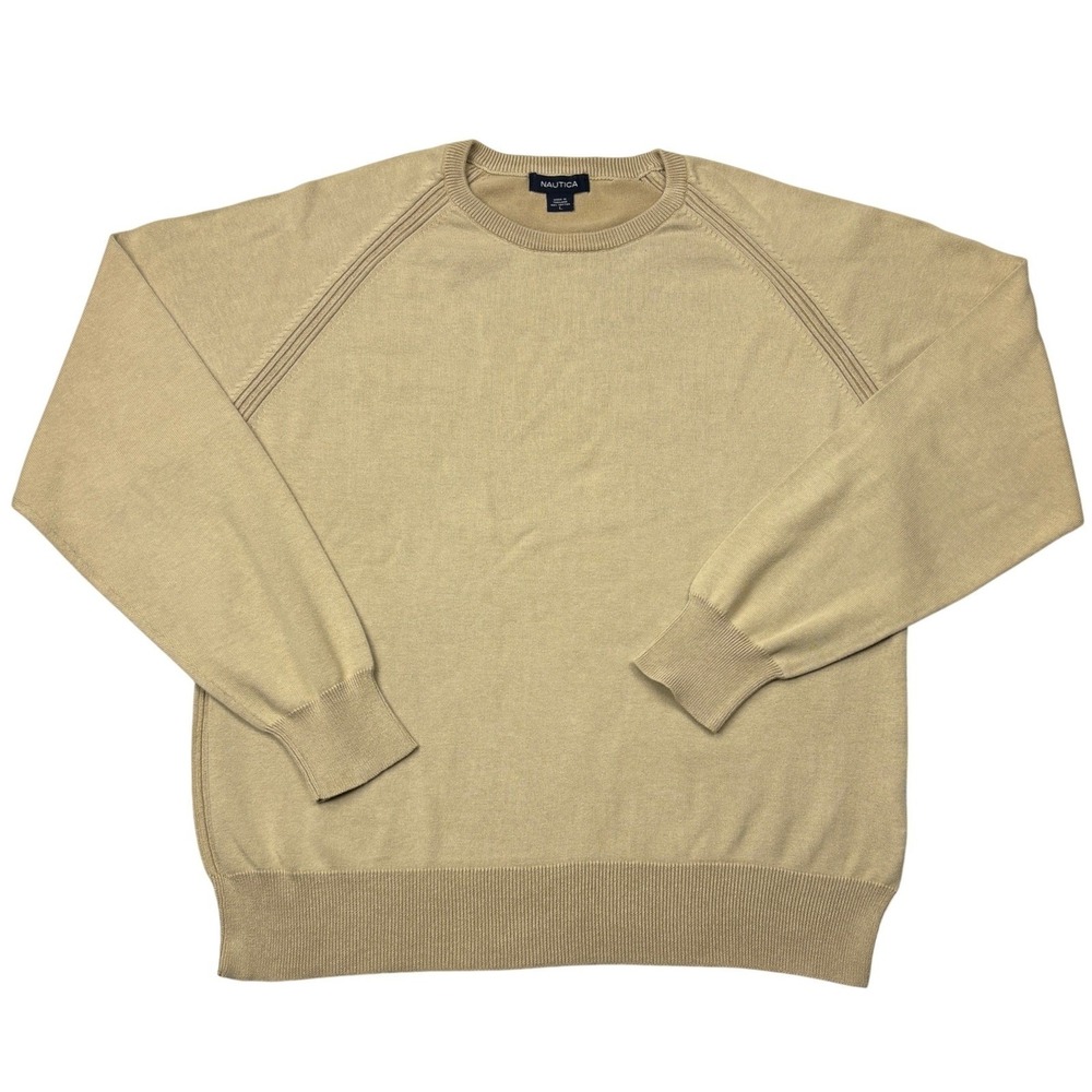 Nautica Mens Tan Khaki 100% Cotton Crewneck Raglan Pullover Sweater Large